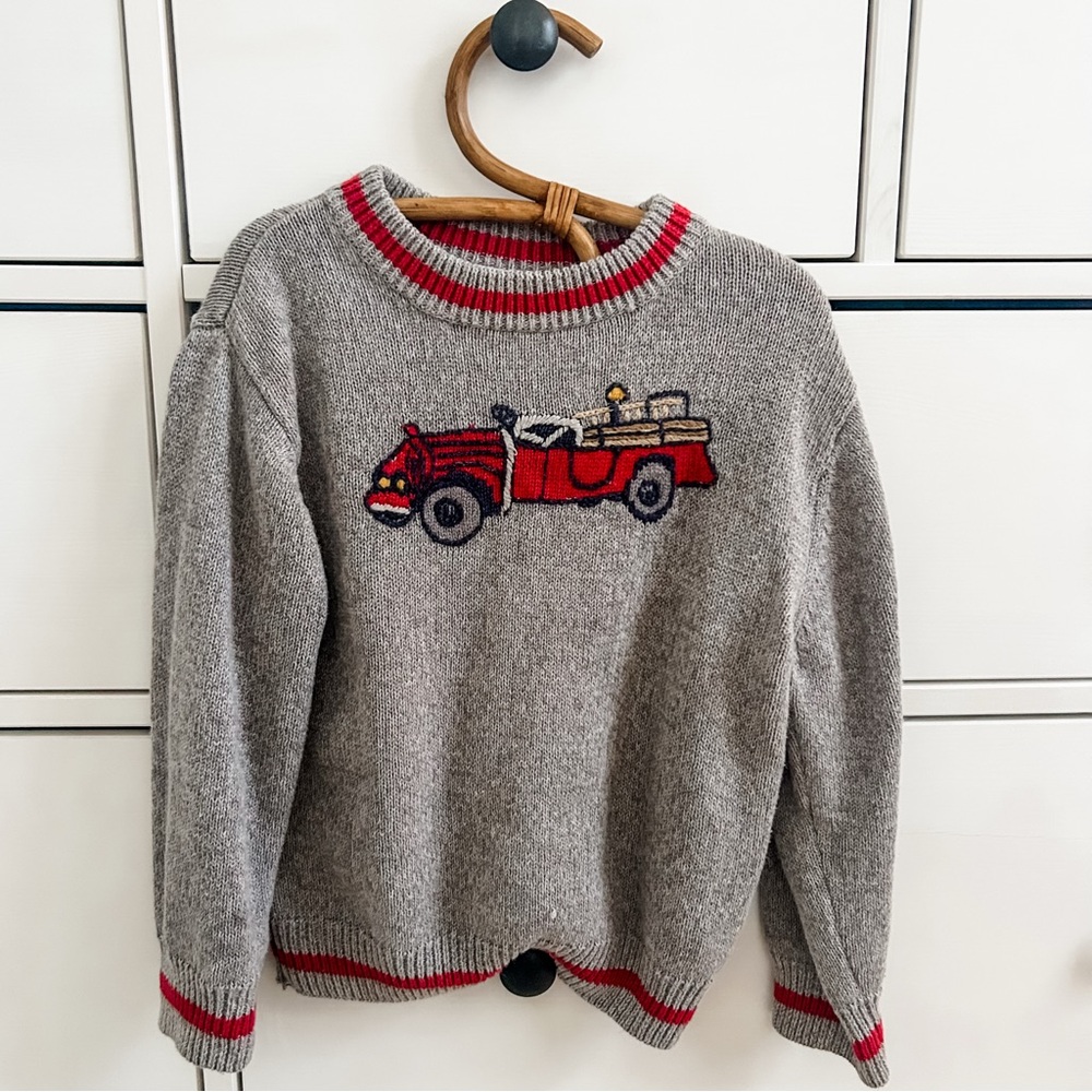 Gymboree Gray and Red Crewneck Sweater with vintage fire truck embroidered